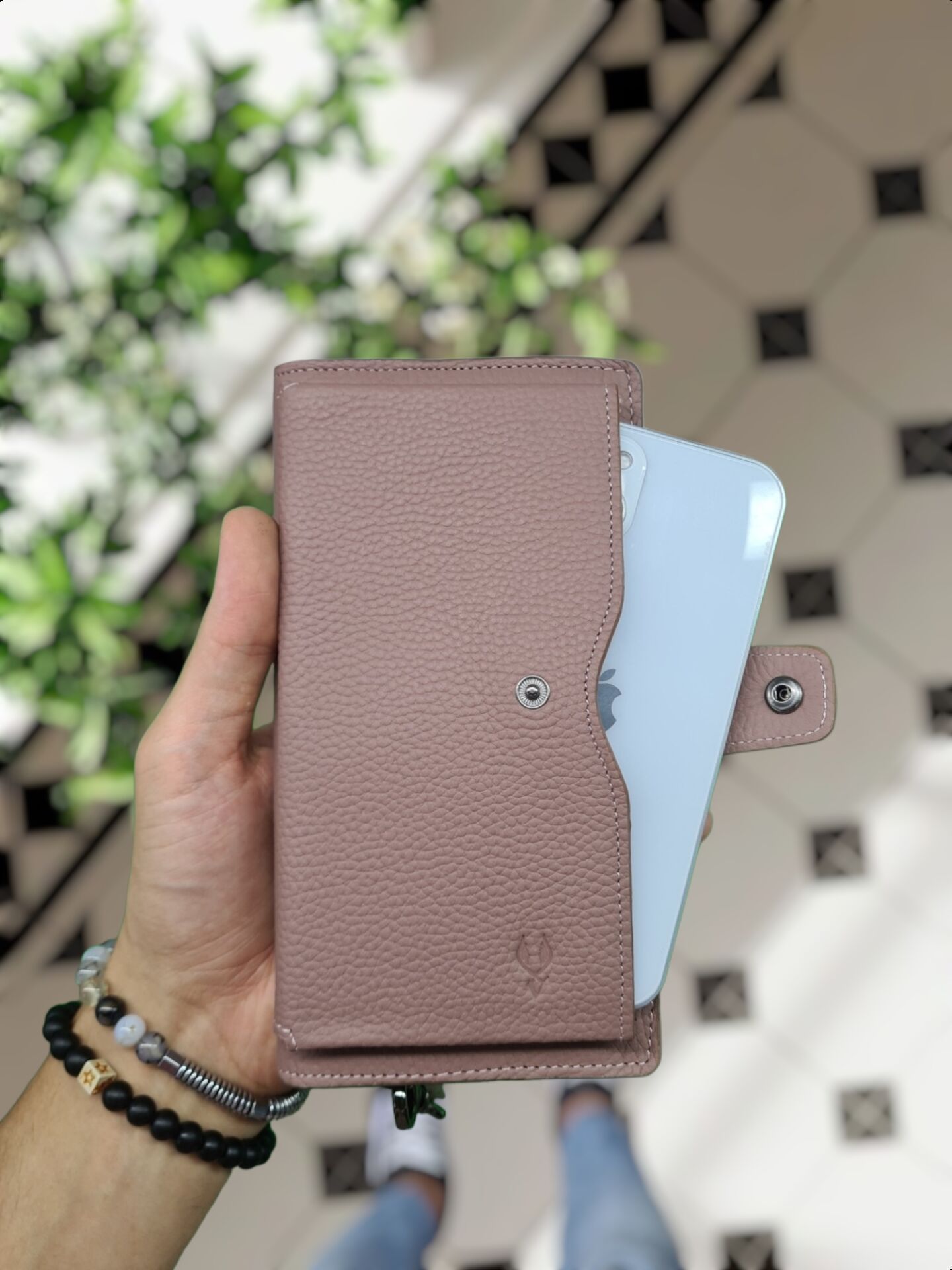 VİSSO 904 Hakiki Deri Kişiye Özel Telefon Hazneli Dıştan Çıtçıtlı Cüzdan El Çantası 904 GÜL KURUSU GUTTY Renk