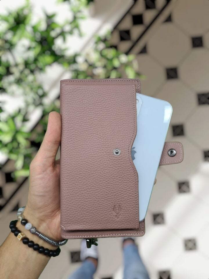 VİSSO 904 Hakiki Deri Kişiye Özel Telefon Hazneli Dıştan Çıtçıtlı Cüzdan El Çantası 904 GÜL KURUSU GUTTY Renk