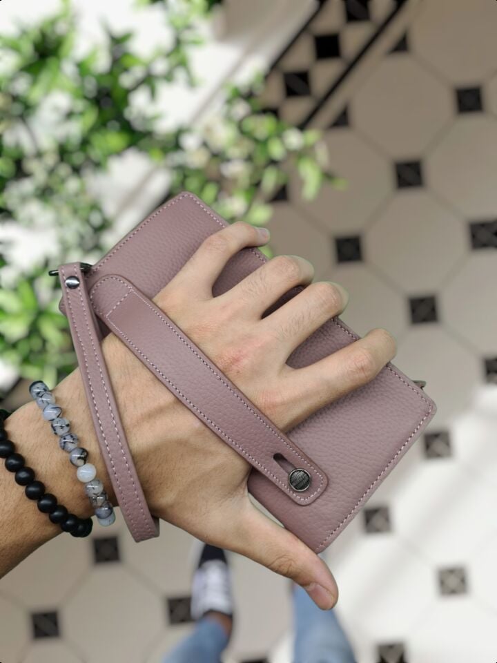 VİSSO 904 Hakiki Deri Kişiye Özel Telefon Hazneli Dıştan Çıtçıtlı Cüzdan El Çantası 904 GÜL KURUSU GUTTY Renk