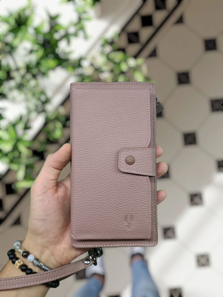 VİSSO 904 Hakiki Deri Kişiye Özel Telefon Hazneli Dıştan Çıtçıtlı Cüzdan El Çantası 904 GÜL KURUSU GUTTY Renk