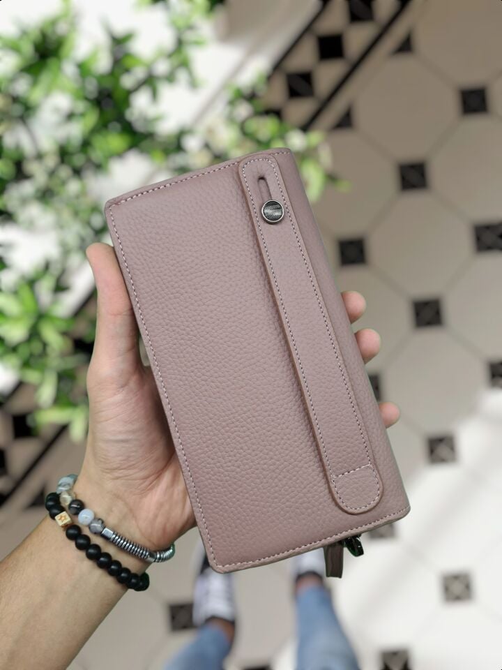 VİSSO 904 Hakiki Deri Kişiye Özel Telefon Hazneli Dıştan Çıtçıtlı Cüzdan El Çantası 904 GÜL KURUSU GUTTY Renk