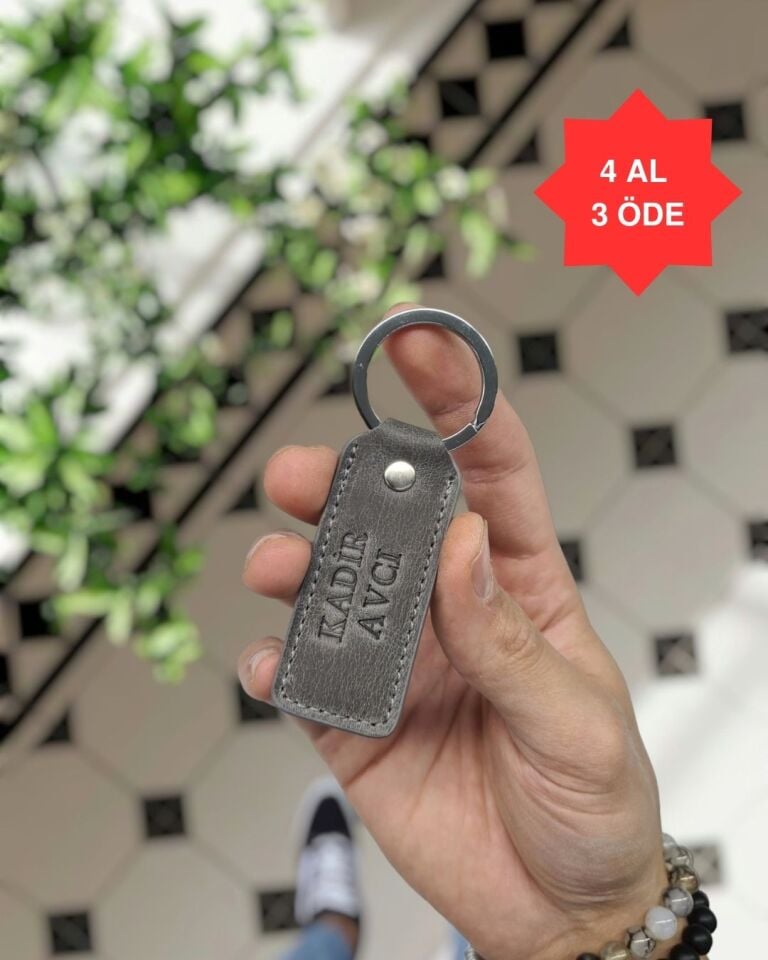 1020  Hakiki Deri Anahtarlık - Visso Gri Renk Hakiki Deri Anahtarlık Çanta