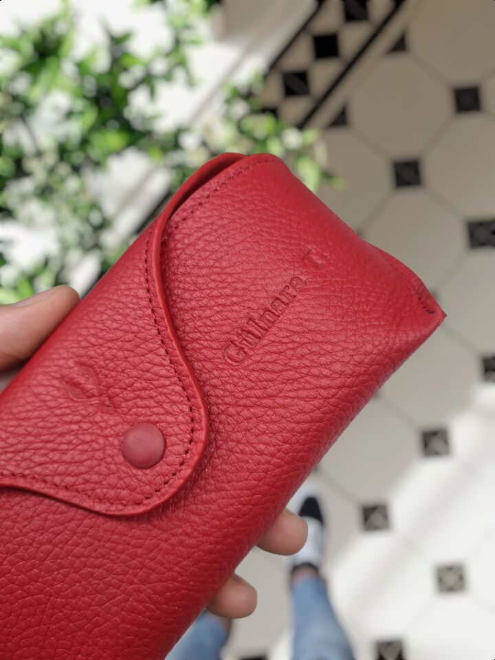 VİSSO 888 Hakiki Deri İsme Özel Deri Gözlük Kılıfı KIRMIZI GUTTY gözlük çanta