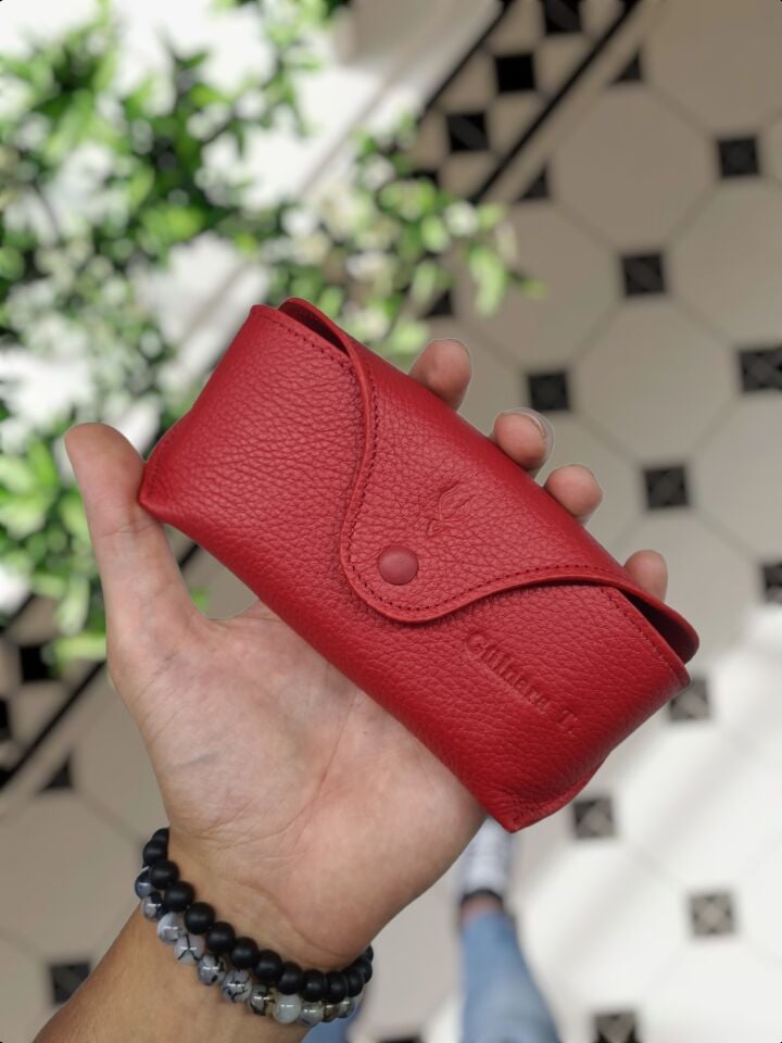 VİSSO 888 Hakiki Deri İsme Özel Deri Gözlük Kılıfı KIRMIZI GUTTY gözlük çanta