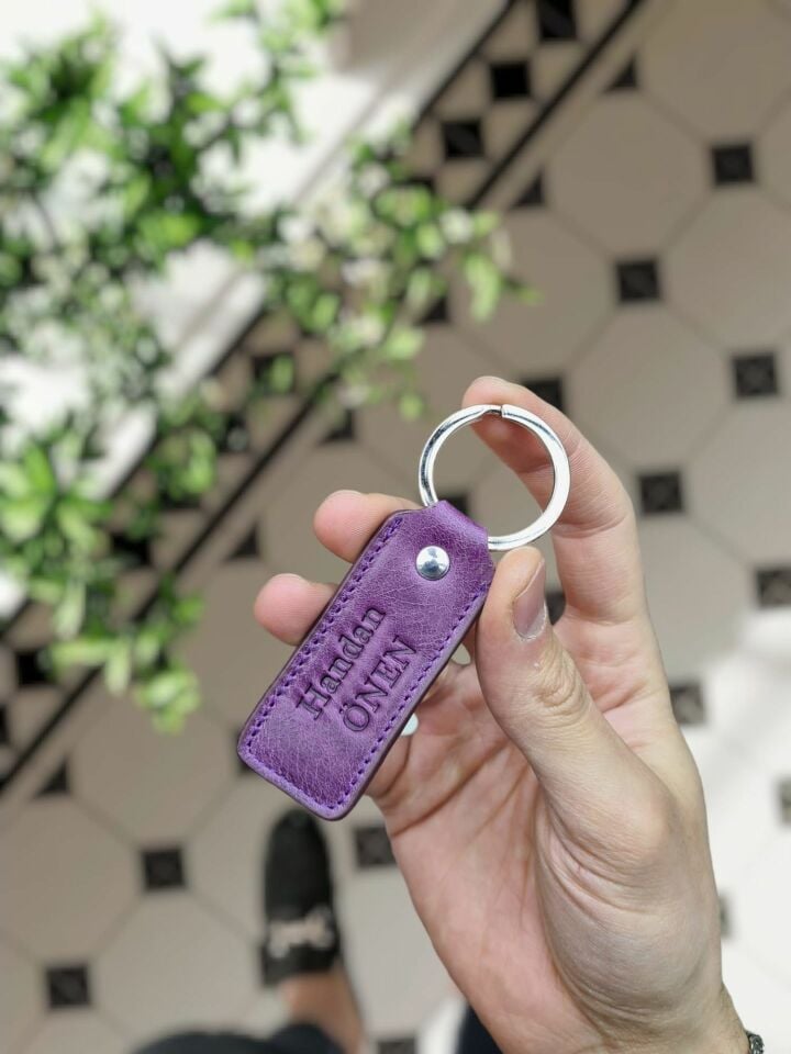 Hakiki Deri Anahtarlık - Kişiye Özel Deri Anahtarlık Çanta  MOR GÜL