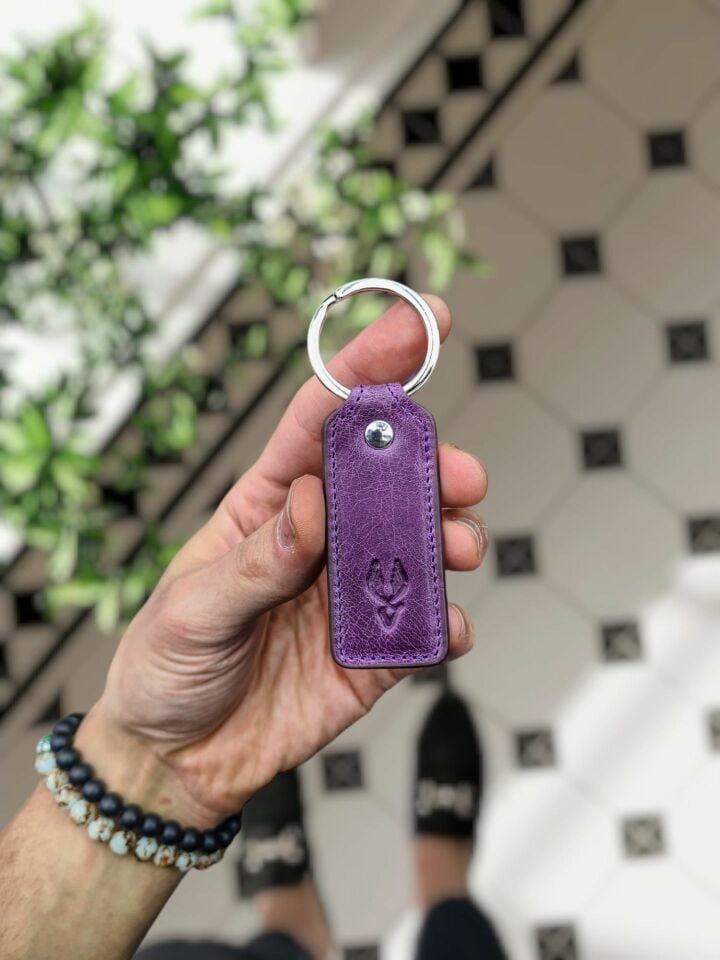 Hakiki Deri Anahtarlık - Kişiye Özel Deri Anahtarlık Çanta  MOR GÜL