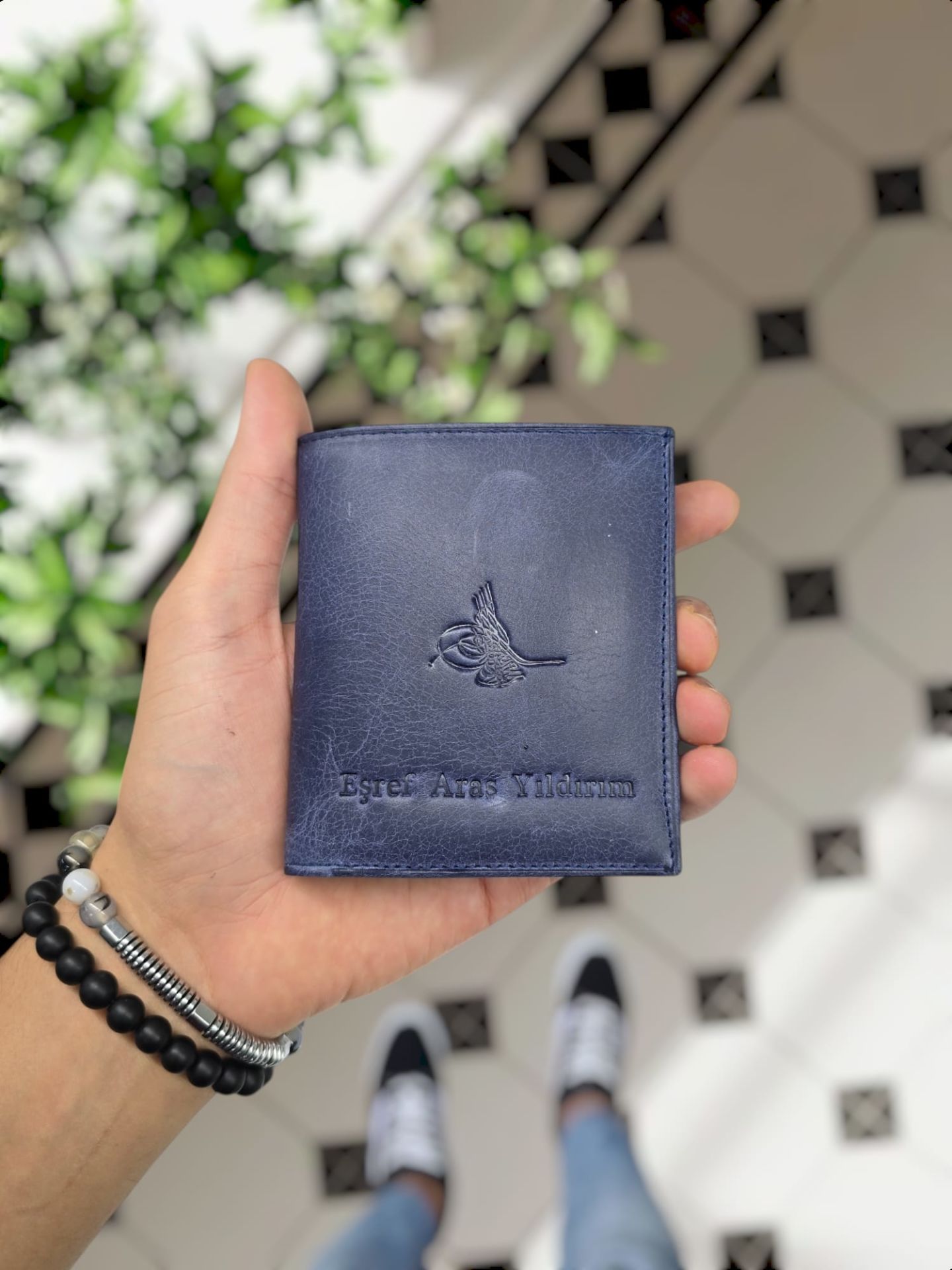 VİSSO 114 HAKİKİ DERİ ÇANTA İSME ÖZEL KADIN ERKEK ÇITIÇITLI FERMUARLI  Lacivert Kurtuba CÜZDAN TUĞRA LOGO