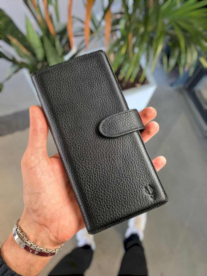 VİSSO 701 HAKİKİ ORİNAL DERİ ÇANTA SİYAH RENK ÇOK KARTLIK KAPASİTELİ TELEFON BÖLMELİ ÇITÇITLI KADIN VE ERKEK CÜZDAN EL ÇANTASI MODEL