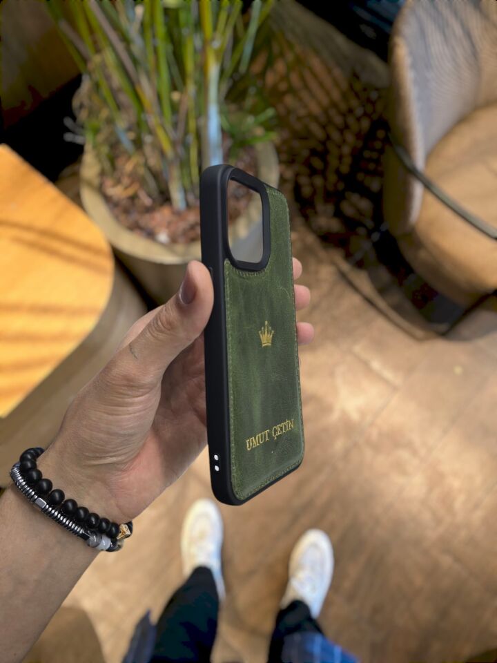 İphone 15 PRO MAX model YEŞİL GRANADA TAÇ LOGOLU  Deri Kılıf VİSSO Hakiki Deri İsme Özel Kişiselleştirme Kadın Erkek Kullanım Unisex Telefon Kılıf