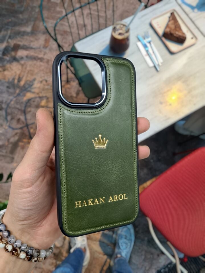 İphone 15 PRO MAX model YEŞİL GRANADA TAÇ LOGOLU  Deri Kılıf VİSSO Hakiki Deri İsme Özel Kişiselleştirme Kadın Erkek Kullanım Unisex Telefon Kılıf