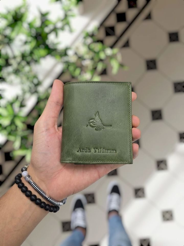 VİSSO 111 CEPLİ HAKİKİ DERİ ÇANTA  İSME ÖZEL BOZUK PARA CEPLİ FERMUARLI ÇITÇITLI KADIN ERKEK CÜZDAN BAY Yeşil Granada TUĞRA LOGO