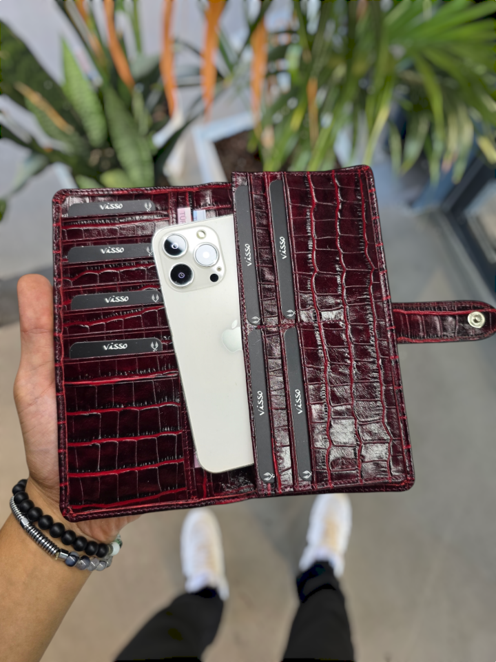 VİSSO 701 HAKİKİ ORİNAL DERİ  ÇANTA  ÇOK KARTLIK KAPASİTELİ TELEFON BÖLMELİ ÇITÇITLI KADIN VE ERKEK CÜZDAN EL ÇANTASI MODEL Bordo Croco Deri