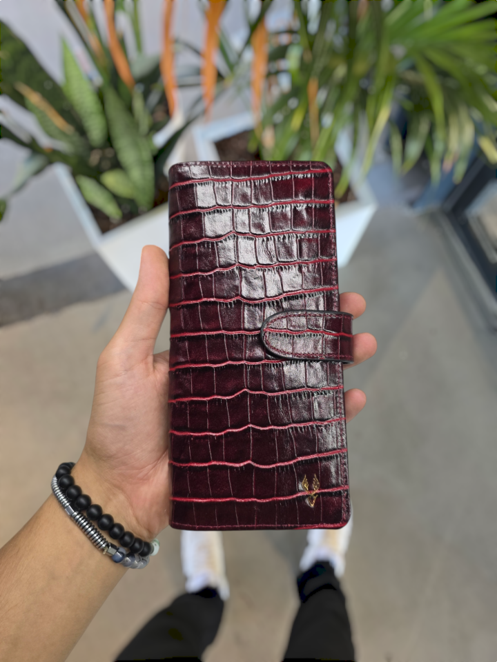 VİSSO 701 HAKİKİ ORİNAL DERİ  ÇANTA  ÇOK KARTLIK KAPASİTELİ TELEFON BÖLMELİ ÇITÇITLI KADIN VE ERKEK CÜZDAN EL ÇANTASI MODEL Bordo Croco Deri