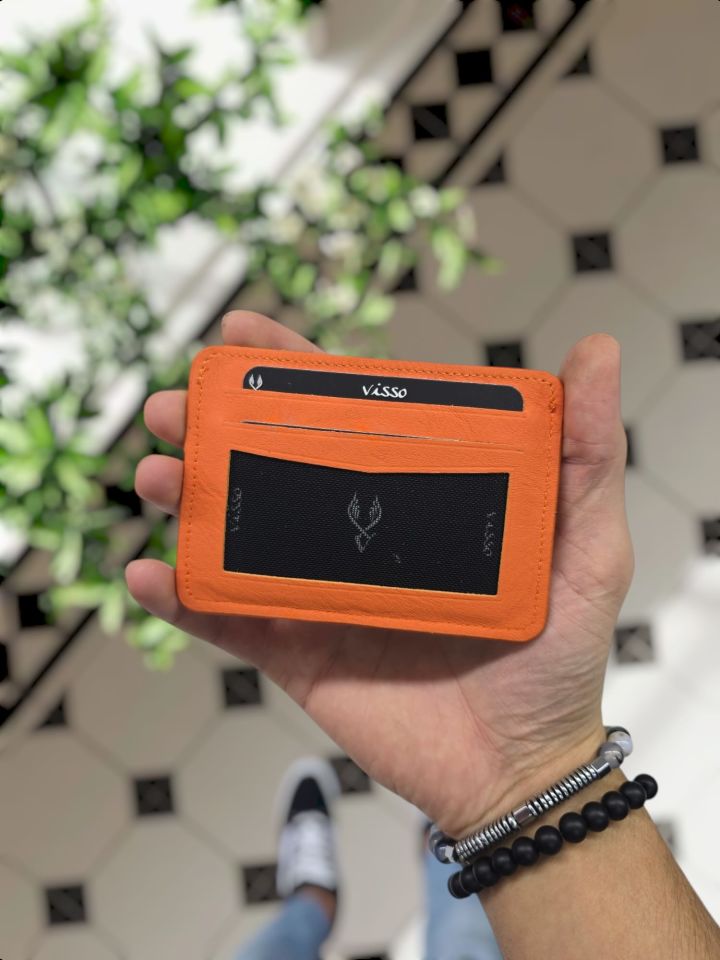 VİSSO 653 Hakiki Deri ÇANTA İSME ÖZEL Kağıt Para Bölmeli Kimlik Kart Gözlü  ERKEK VE KADIN  Kredi Kartlık Cüzdan Çanta TURUNCU NAPA