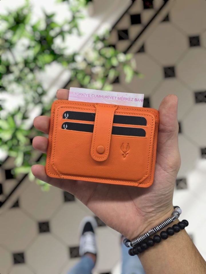 VİSSO 653 Hakiki Deri ÇANTA İSME ÖZEL Kağıt Para Bölmeli Kimlik Kart Gözlü  ERKEK VE KADIN  Kredi Kartlık Cüzdan Çanta TURUNCU NAPA