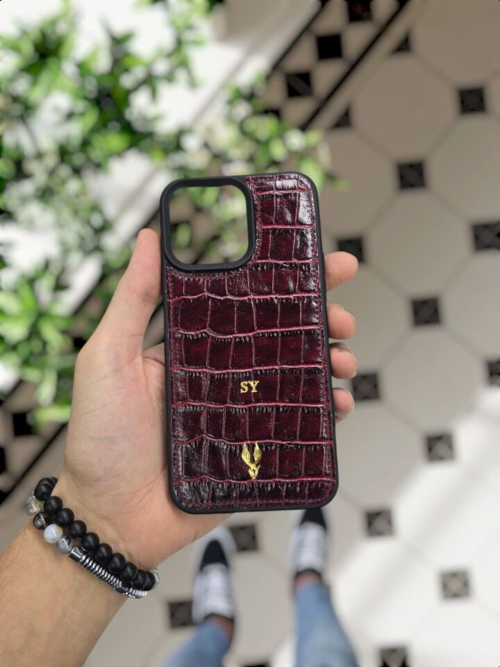 İphone 16 PRO model  BORDO CROCO Deri Kılıf VİSSO Hakiki Deri İsme Özel Kişiselleştirme Kadın Erkek Kullanım Unisex Telefon Kılıf