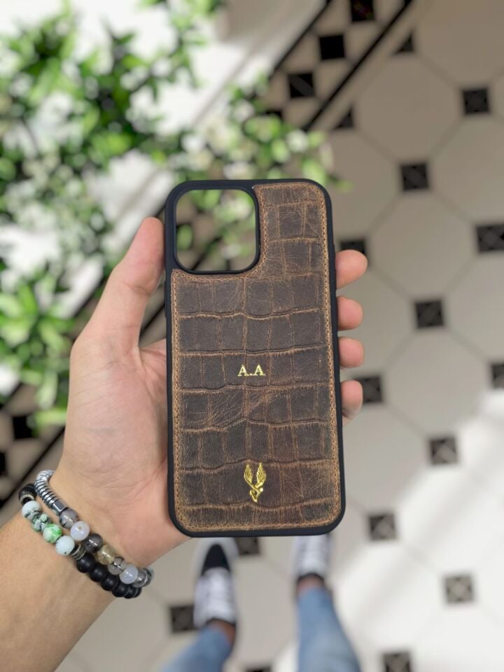 İphone 16 PRO model ESKİTME KAHVE CROCO Deri Kılıf VİSSO Hakiki Deri İsme Özel Kişiselleştirme Kadın Erkek Kullanım Unisex Telefon Kılıf