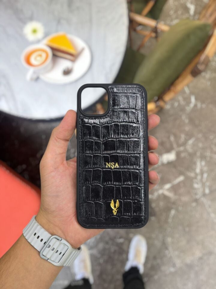 İphone 16 PRO model  SİYAH CROCO Deri Kılıf VİSSO Hakiki Deri İsme Özel Kişiselleştirme Kadın Erkek Kullanım Unisex Telefon Kılıf
