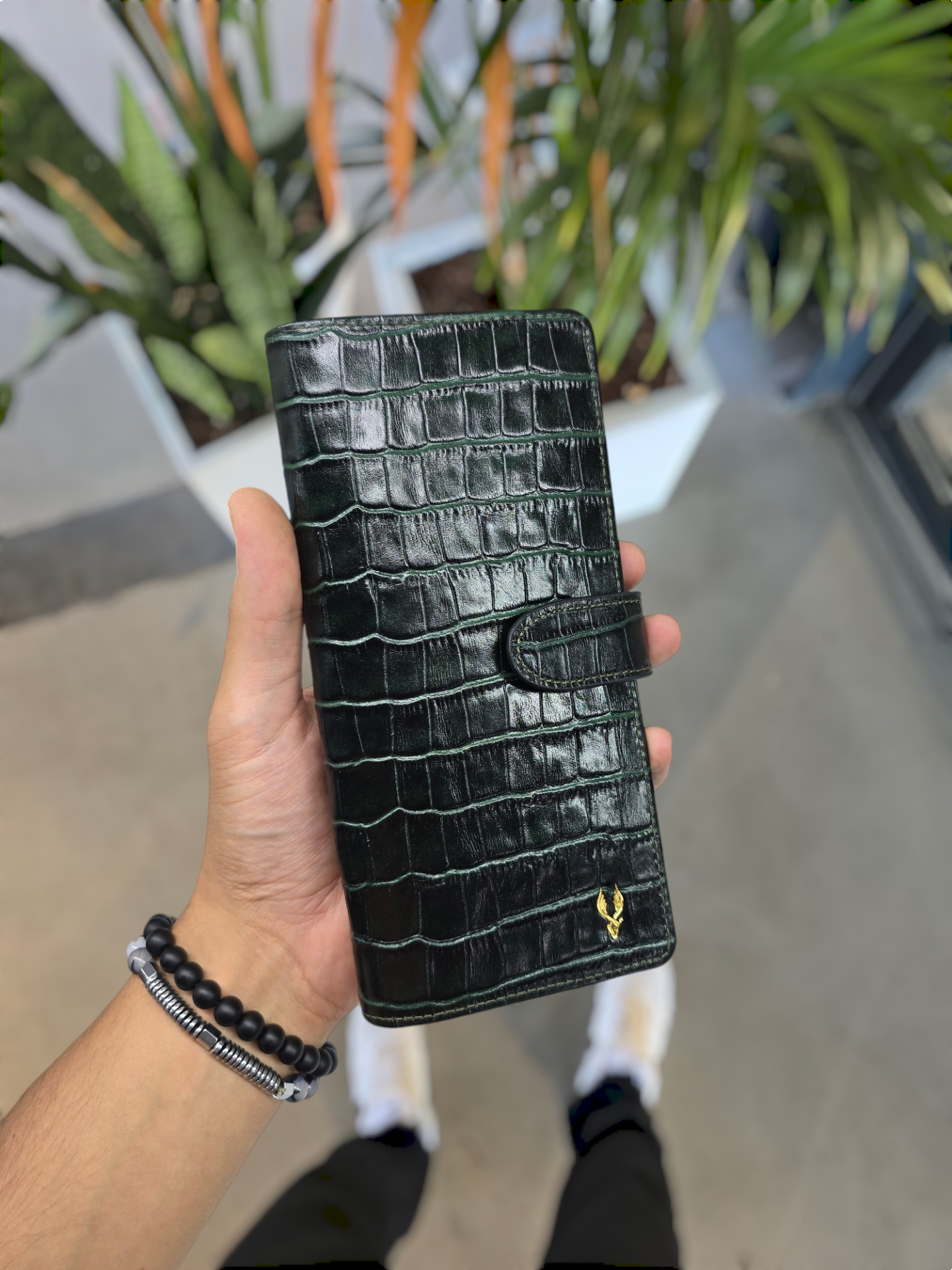 VİSSO 701 HAKİKİ ORİNAL DERİ ÇANTA  ÇOK KARTLIK KAPASİTELİ TELEFON BÖLMELİ ÇITÇITLI KADIN VE ERKEK CÜZDAN EL ÇANTASI MODEL Yeşil Croco