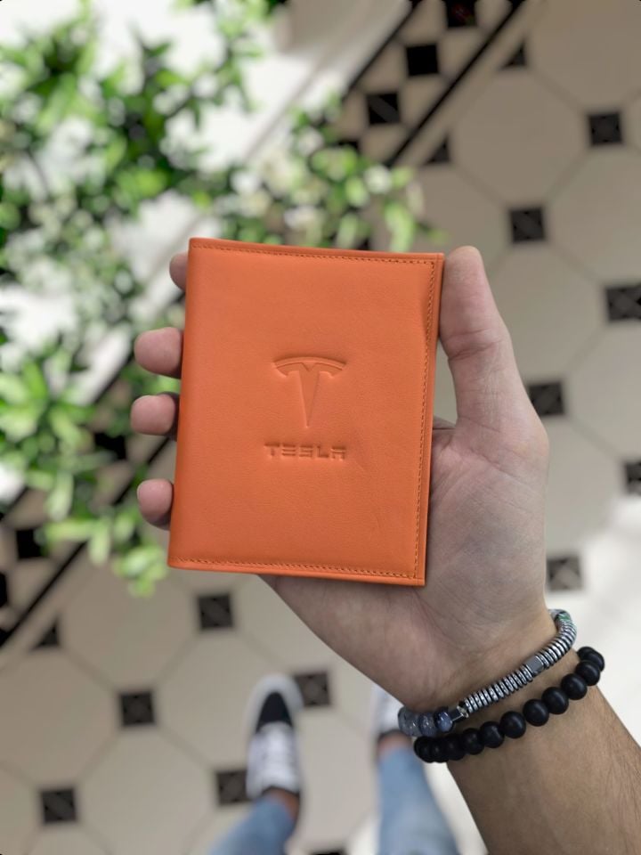 TESLA  VİSSO 1904 Hakiki Deri Araç Ruhsat Kılıf İsme Özel Çanta Erkek Kadın Modeli  TESLA TURUNCU NAPA
