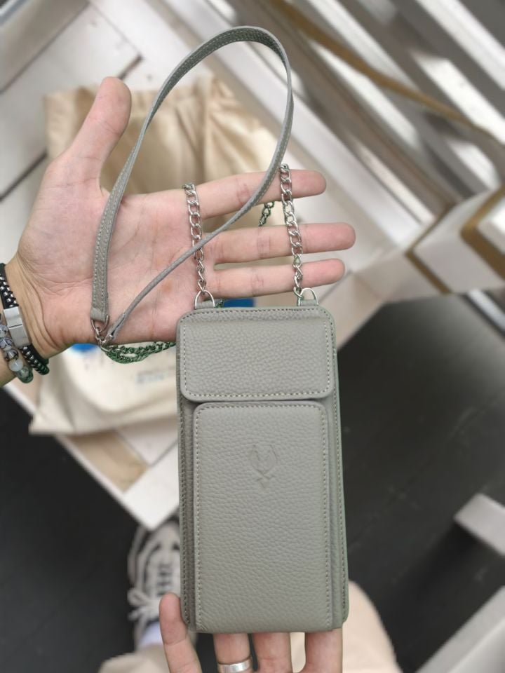 VİSSO 5008 Hakiki Deri ERKEK KADIN Kullanımlı Boyun Ve Omuza Takılan Zincir & Deri Askılı Telefon Hazneli Çanta BEJ GUTTY
