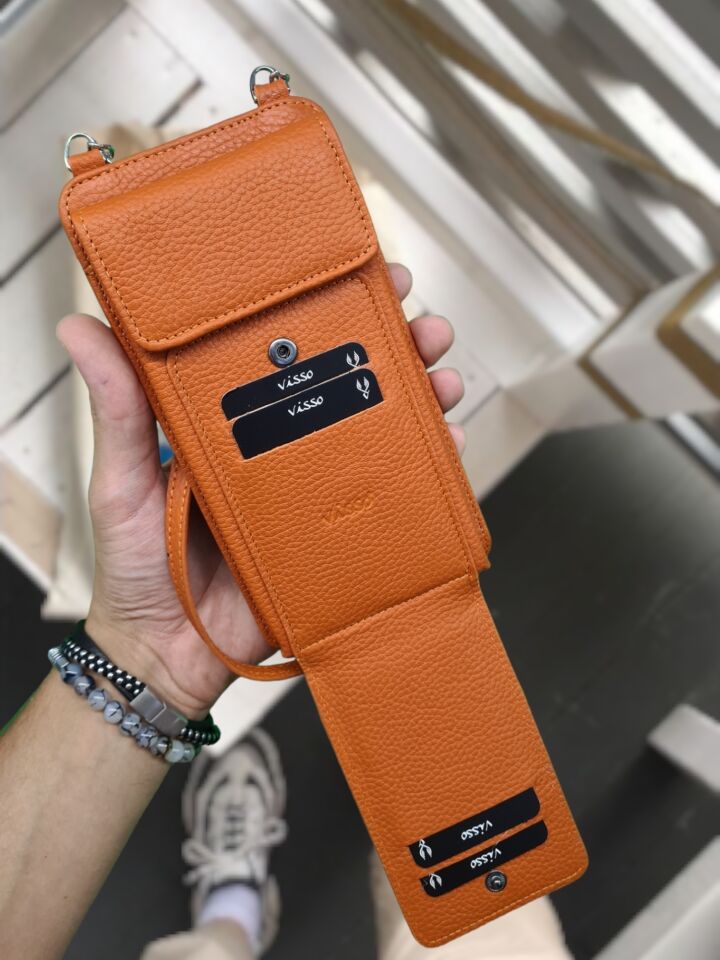 VİSSO 5008 Hakiki Deri ERKEK KADIN Kullanımlı Boyun Ve Omuza Takılan Zincir & Deri Askılı Telefon Hazneli Çanta TURUNCU GUTTY