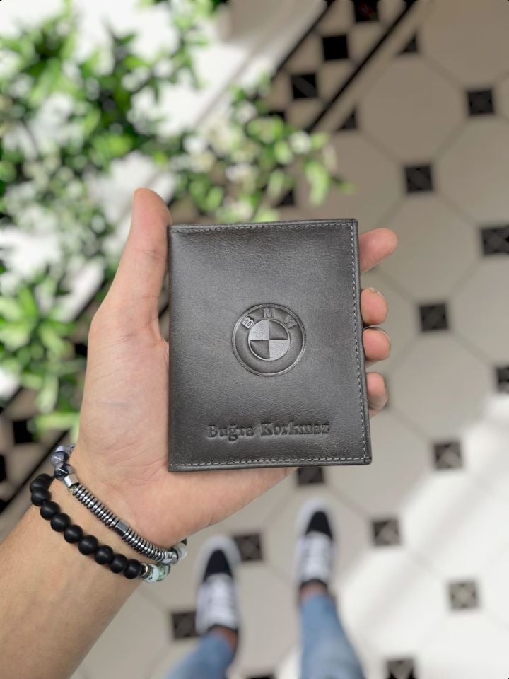 BMW VİSSO 1904 Hakiki Deri Araç Ruhsat Kılıf İsme Özel Çanta Erkek Kadın Modeli  BMW GRİ