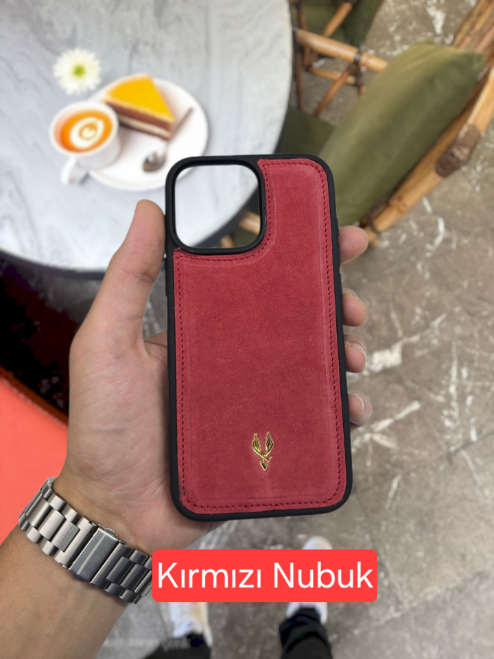 İphone 16 PRO MAX model  KIRMIZI NUBUK Deri Kılıf VİSSO Hakiki Deri İsme Özel Kişiselleştirme Kadın Erkek Kullanım Unisex Telefon Kılıf