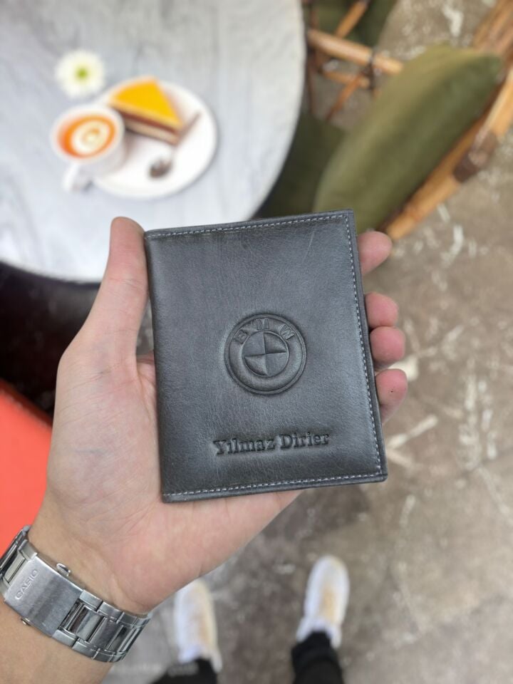 BMW VİSSO 1904 Hakiki Deri Araç Ruhsat Kılıf İsme Özel Çanta Erkek Kadın Modeli  BMW GRİ