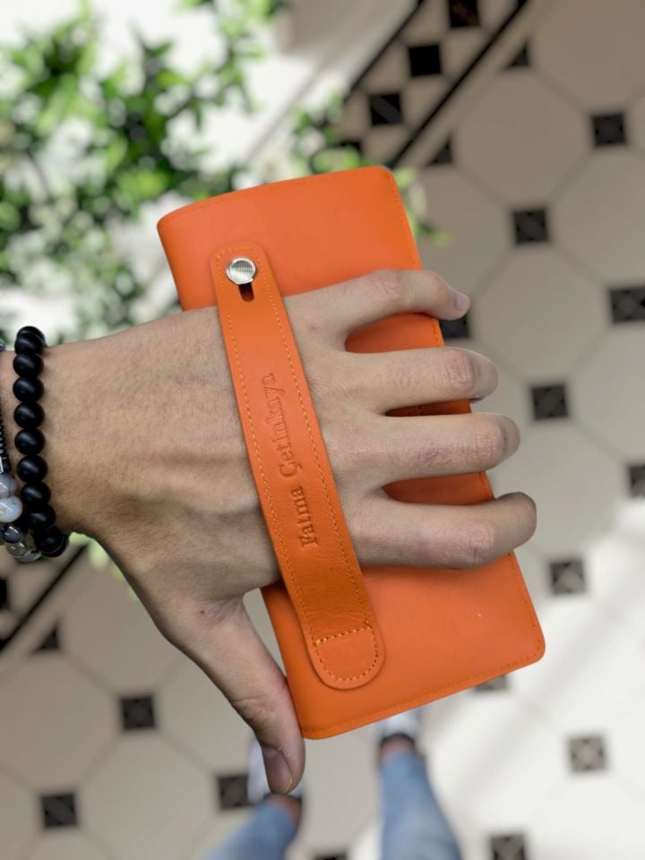 VİSSO 701 HAKİKİ ORİNAL DERİ ÇANTA ÇOK KARTLIK KAPASİTELİ TELEFON BÖLMELİ ÇITÇITLI KADIN VE ERKEK CÜZDAN EL ÇANTASI MODEL Turuncu NAPA