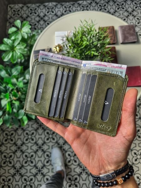 VİSSO 316 GERÇEK DERİ ÇANTA  İSME ÖZEL KREDİ KARTLIK BÖLMELİ KAĞIT PARA BÖLMELİ ERKEK KADIN YEŞİL RENK DERİ CÜZDAN