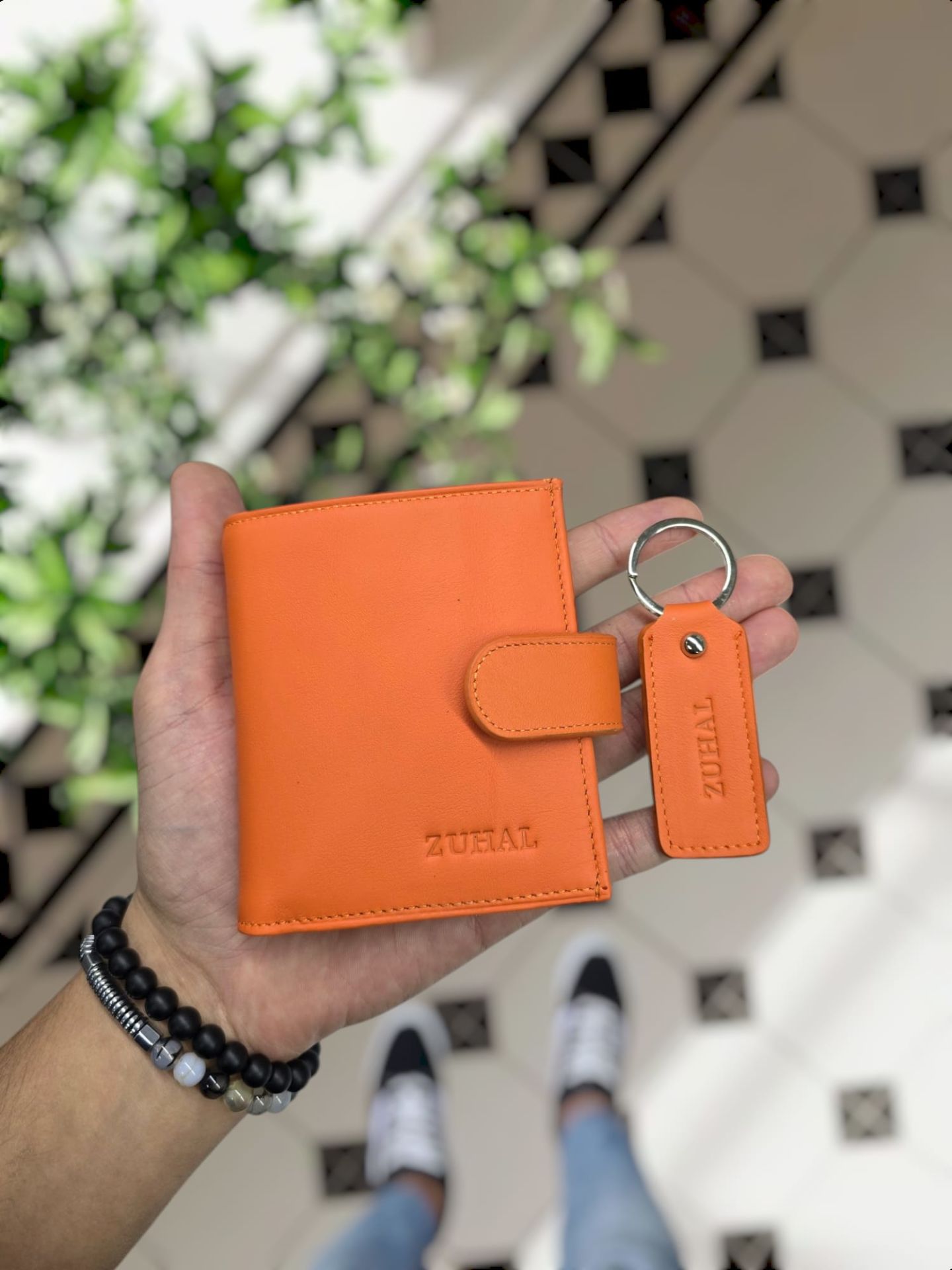 VİSSO 112 HAKİKİ DERİ ÇANTA İSME ÖZEL KADIN ERKEK ÇITIÇITLI FERMUARLI  Turuncu NAPA + ANAHTARLIK