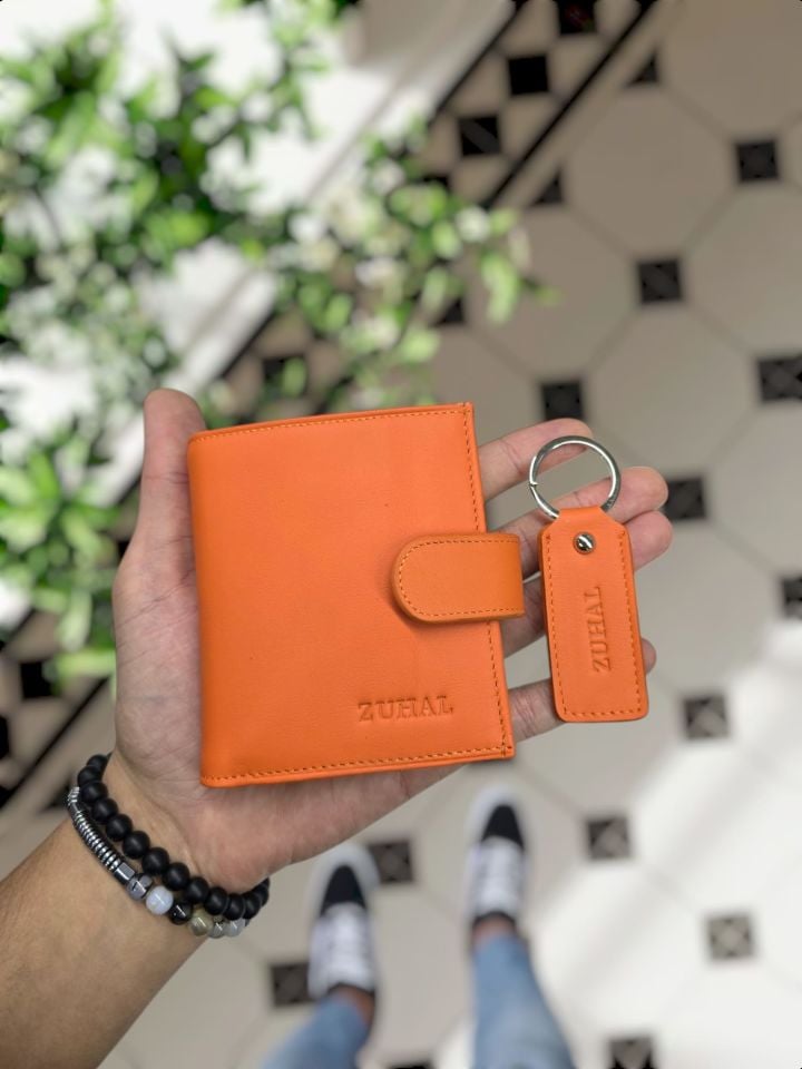 VİSSO 112 HAKİKİ DERİ ÇANTA İSME ÖZEL KADIN ERKEK ÇITIÇITLI FERMUARLI  Turuncu NAPA + ANAHTARLIK