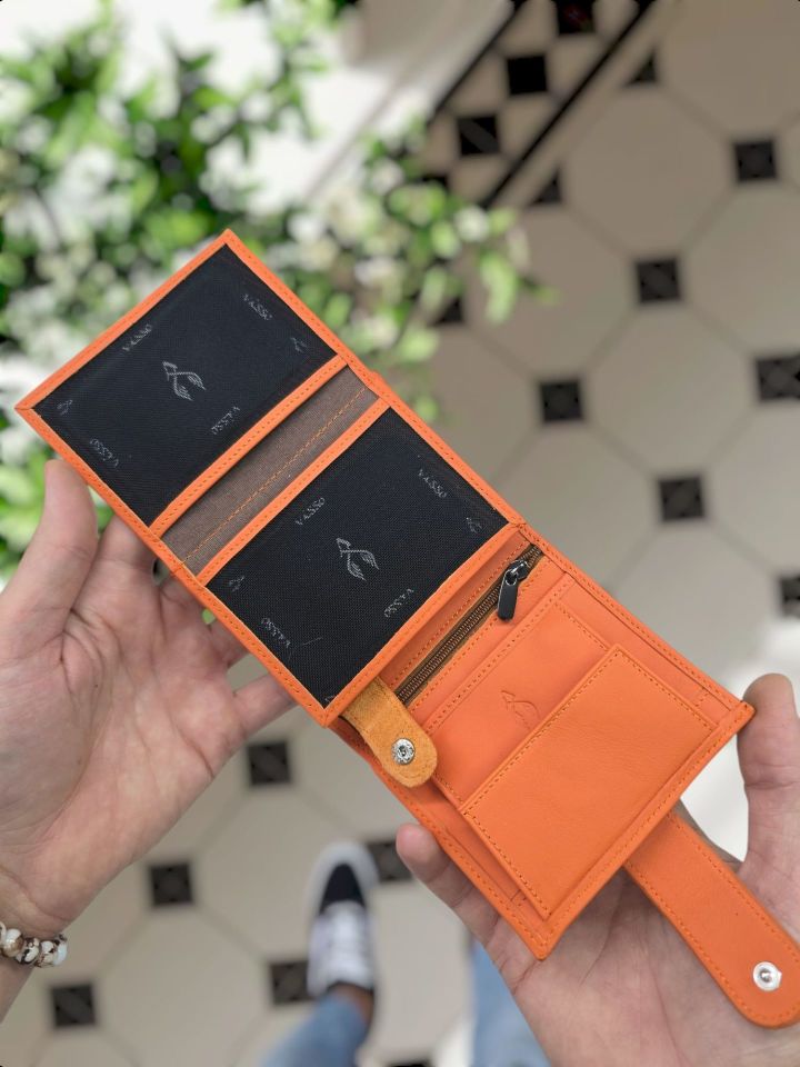 VİSSO 112 HAKİKİ DERİ ÇANTA İSME ÖZEL KADIN ERKEK ÇITIÇITLI FERMUARLI  Turuncu NAPA + ANAHTARLIK