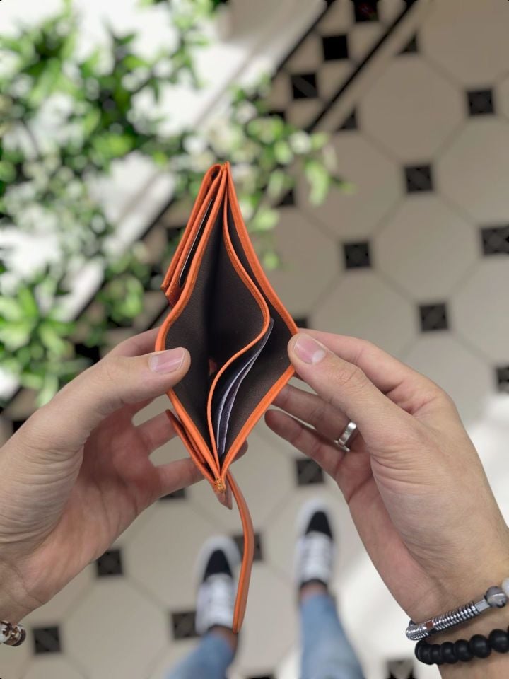 VİSSO 112 HAKİKİ DERİ ÇANTA İSME ÖZEL KADIN ERKEK ÇITIÇITLI FERMUARLI  Turuncu NAPA + ANAHTARLIK