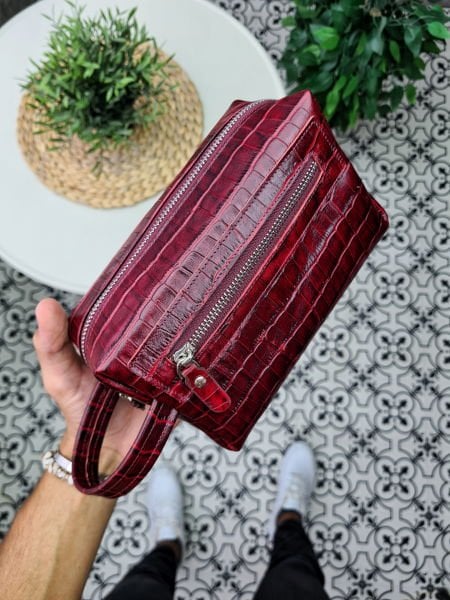 VİSSO 502 Hakiki Deri İsme Özel Bordo Croco Baskılı Deri Çanta & El Çantası