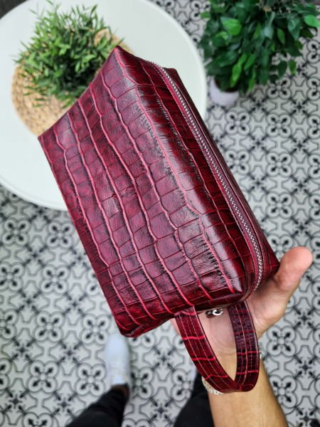 VİSSO 502 Hakiki Deri İsme Özel Bordo Croco Baskılı Deri Çanta & El Çantası