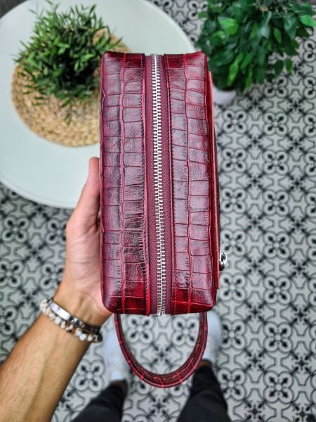 VİSSO 502 Hakiki Deri İsme Özel Bordo Croco Baskılı Deri Çanta & El Çantası