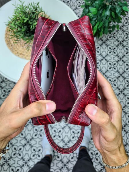 VİSSO 502 Hakiki Deri İsme Özel Bordo Croco Baskılı Deri Çanta & El Çantası