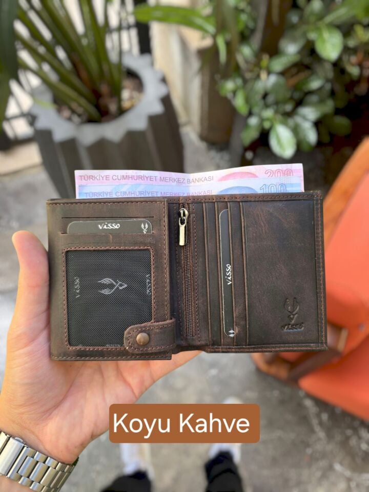 VİSSO 114 Cüzdan + Kemer HAKİKİ DERİ KİMLİK BÖLMELİ BAY BAYAN KULLANIMLI CÜZDAN Kahve Matrix