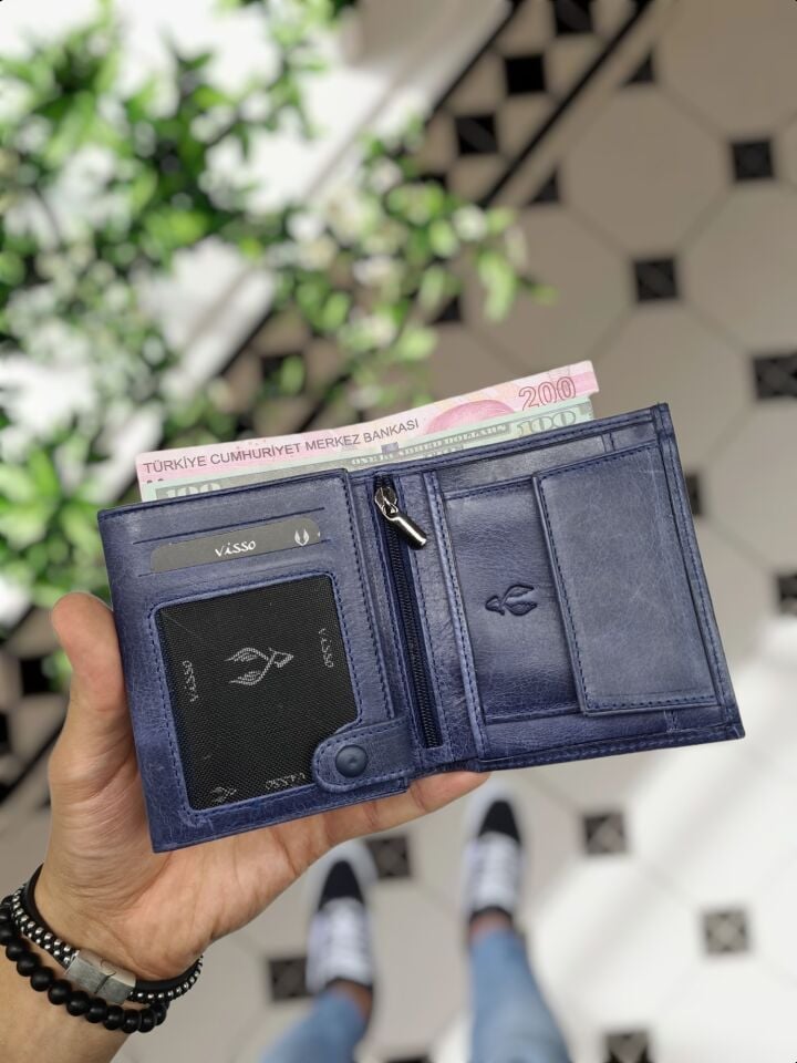 VİSSO 111 Hakiki Deri Cüzdan Ve Kemer Kişiye Özel İsim Baskılı Bozuk Para Cepli Fermuarlı Cüzdan Çanta LACİVERT KURTUBA SET