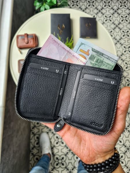 VİSSO 709 HAKİKİ DERİ Cüzdan ve Deri Anahtarlık  FERMUARLI ÇITÇITLI KİMLİK BÖLMELİ KADIN ERKEK KARTLIKLI CÜZDAN SİYAH GUTTY GERÇEK  DERİ ÇANTA