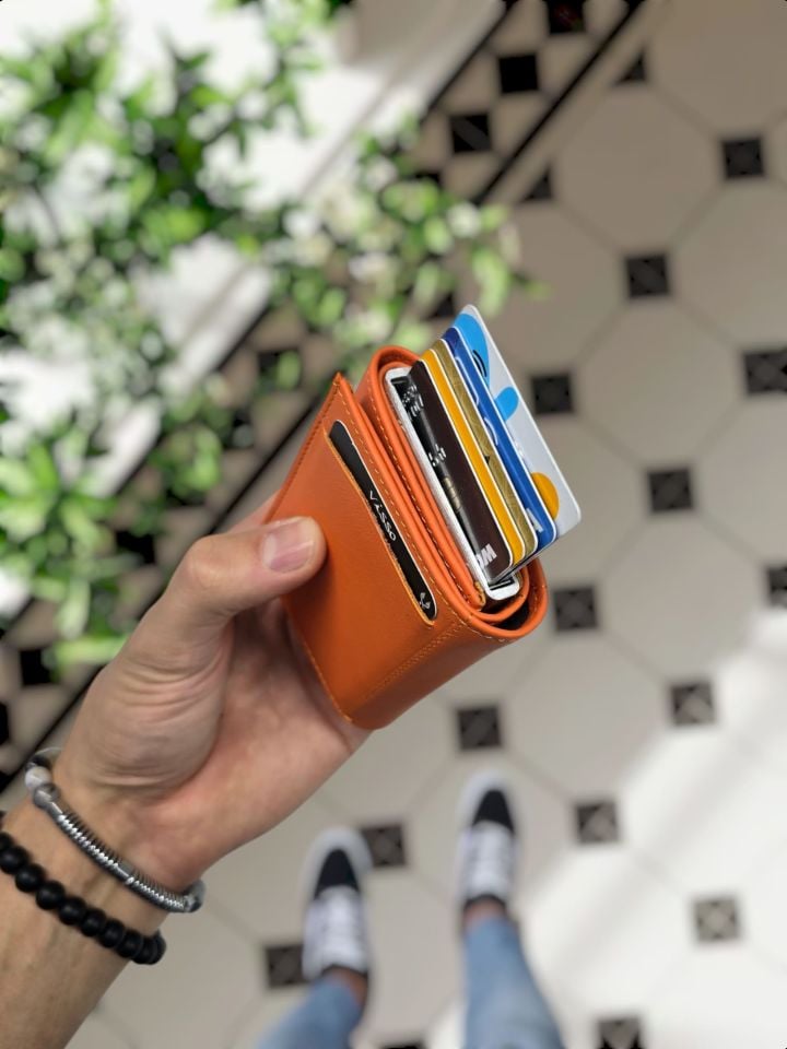 VİSSO 684 Hakiki Deri Kağıt Para Bölmeli Mekanizmalı Kartlık Cüzdan Kişiye Özel Çanta TURUNCU