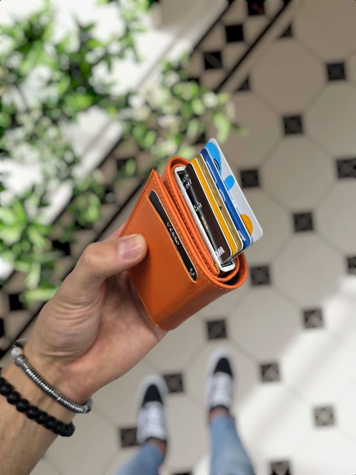 VİSSO 684 Hakiki Deri Kağıt Para Bölmeli Mekanizmalı Kartlık Cüzdan Kişiye Özel Çanta TURUNCU NAPA +Anahtarlık