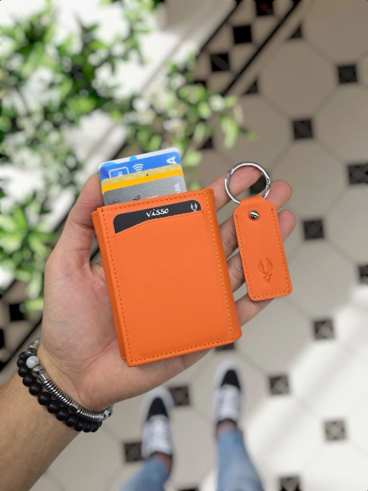 VİSSO 684 Hakiki Deri Kağıt Para Bölmeli Mekanizmalı Kartlık Cüzdan Kişiye Özel Çanta TURUNCU NAPA +Anahtarlık