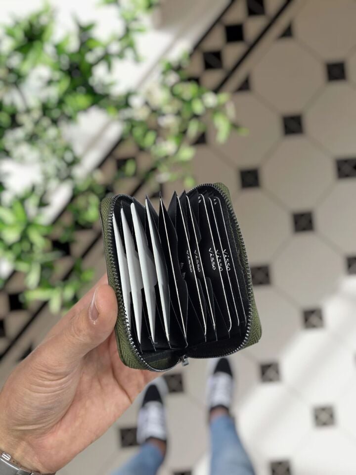 VİSSO 661 Fermuarlı Kredi Kartlık Model Hakiki Deri Çanta Kişiye Özel Yeşil Granda