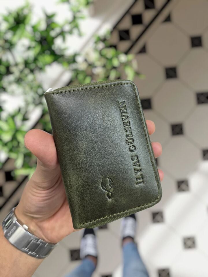 VİSSO 661 Fermuarlı Kredi Kartlık Model Hakiki Deri Çanta Kişiye Özel Yeşil Granda