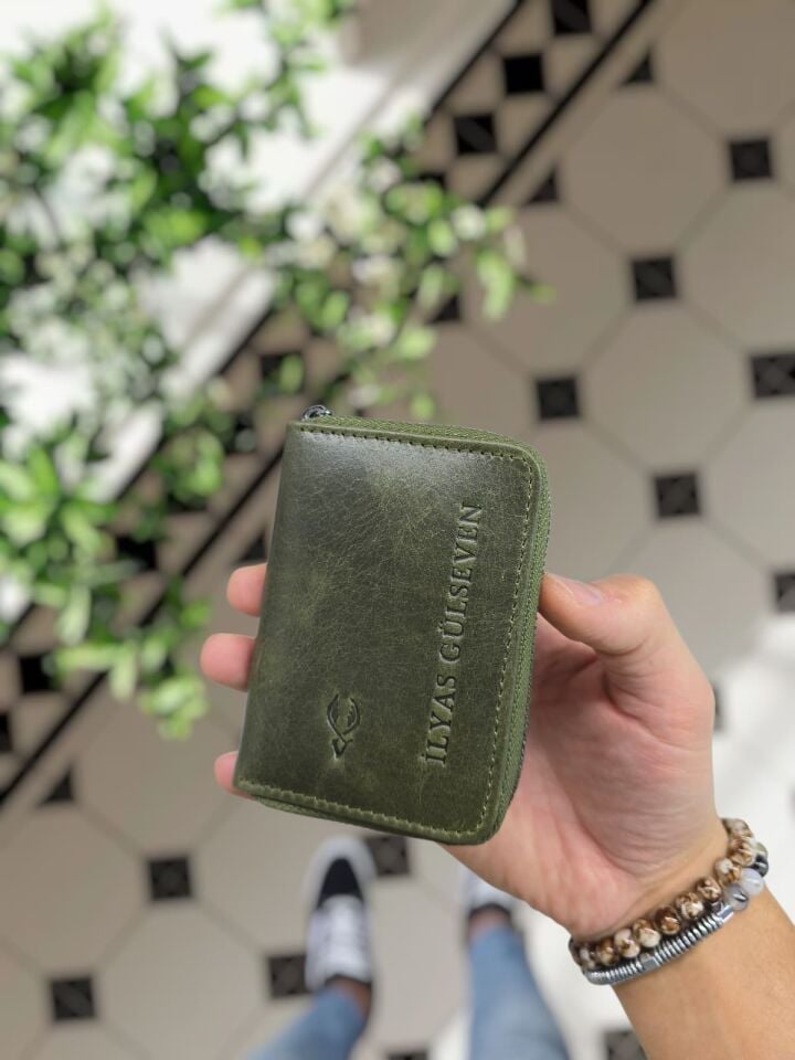 VİSSO 661 Fermuarlı Kredi Kartlık Model Hakiki Deri Çanta Kişiye Özel Yeşil Granda