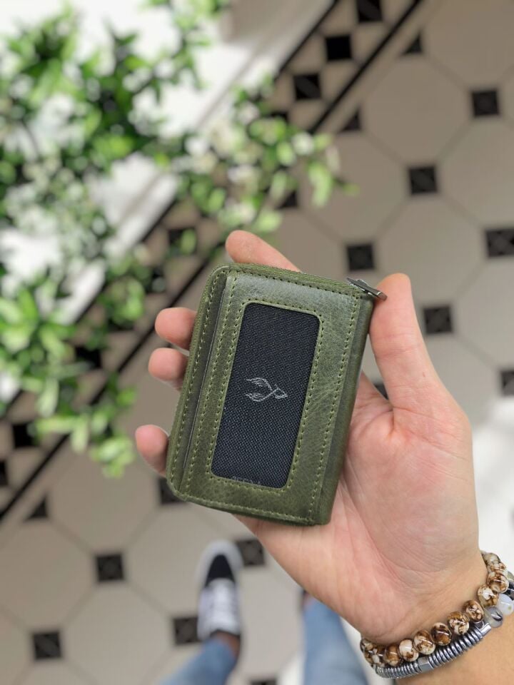 VİSSO 661 Fermuarlı Kredi Kartlık Model Hakiki Deri Çanta Kişiye Özel Yeşil Granda