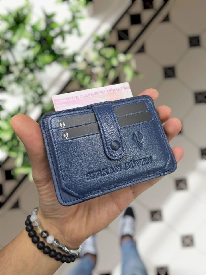VİSSO 653 Hakiki Deri ÇANTA İSME ÖZEL Kağıt Para Bölmeli Kimlik Kart Gözlü  ERKEK VE KADIN  Kredi Kartlık Cüzdan Çanta Lacivert GUTTY + ANAHTARLIK